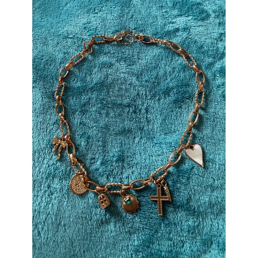 Gold Tone Chunky Link Charm Necklace Heart Cross Shell Birdcage Bow Coin Jewelry